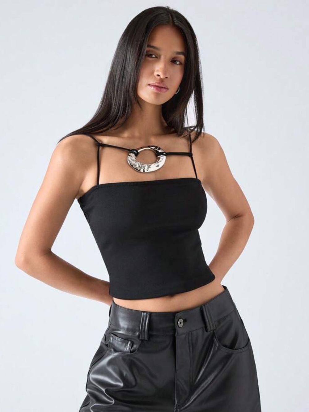 SHEIN Black Sleeveless Tank Top with Decorative Ring